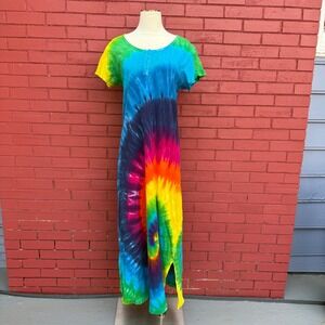 Vtg Dharma Trading Co. Tie Dye Maxi Dress Spiral Rainbow Short Sleeve Festival